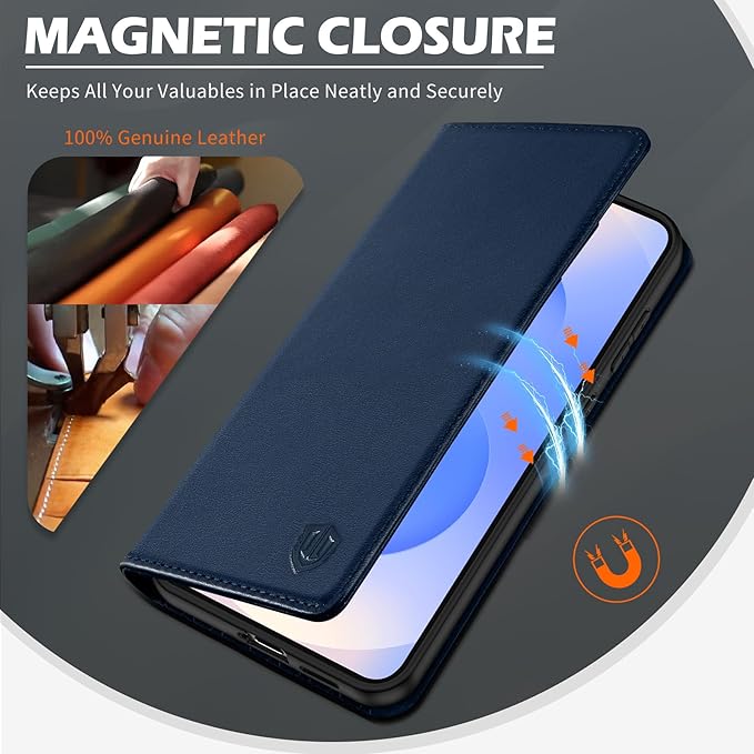 SHIELDON Case for Galaxy S25 FE 6.7" 5G, Genuine Leather Folio Wallet Case Magnetic Kickstand RFID Blocking Card Slots Shockproof Protective Cover Compatible with Galaxy S25 FE 2025 - Nappa Navy Blue