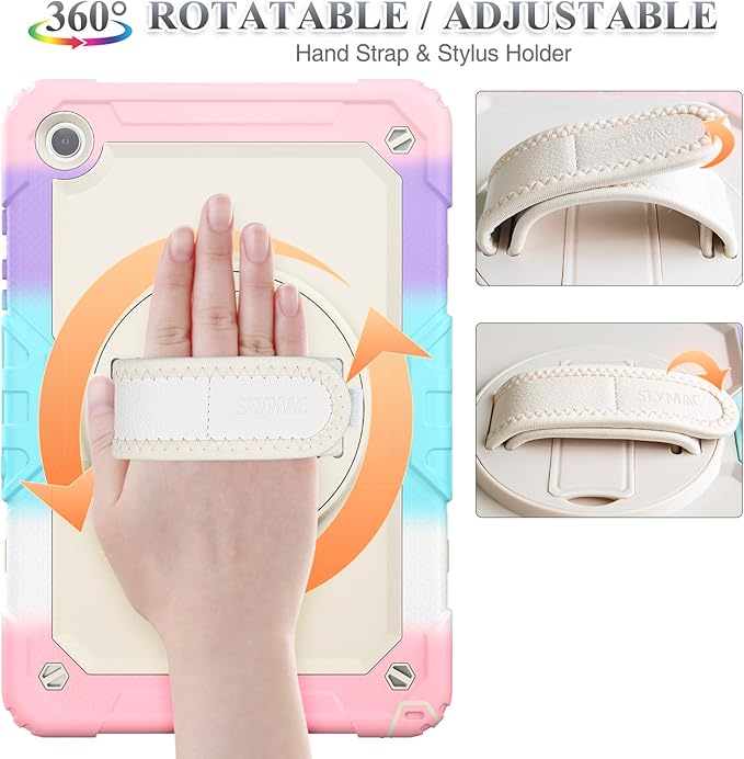 SEYMAC stock Case for Samsung Galaxy Tab A9+ Plus 11'', Full-Body Drop Protection Case with Screen Protector Pencil Holder [360° Rotating Hand Strap] &Stand, Yellowish+Pink