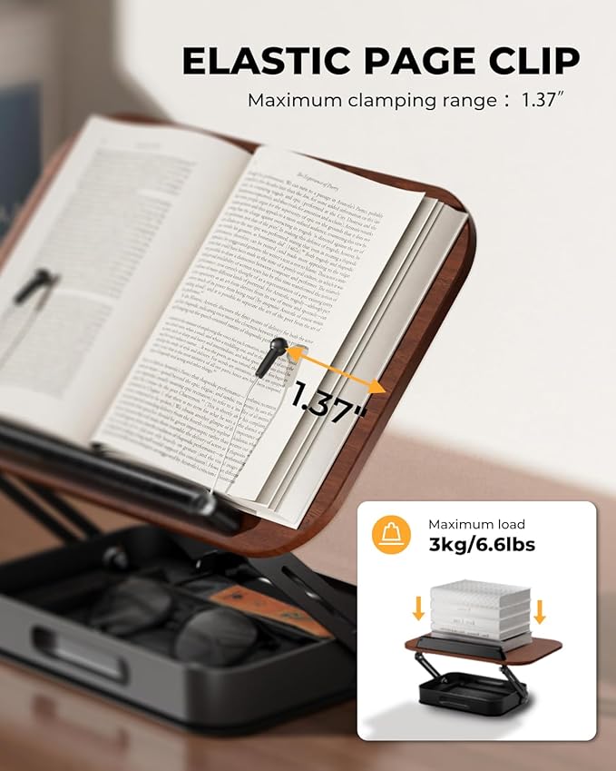 Adjustable Book Stand for Reading with Storage – 360° Rotating Base, Height Adjustable, Extra-Wide Page Clips for Thick Books – Portable Desk Book Holder for Study, Bed, Office, Kitchen (Dark Wood)