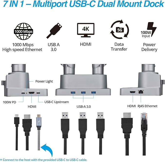 AVLT Dual 17”-38" Monitor Arm Desk Mount with 17" Laptop Tray and USB-C Docking Station, HDMI 4K60Hz, USB-A 5Gbps, Ethernet, 100W PD, Fits Two Flat/Curved Monitor - Gray