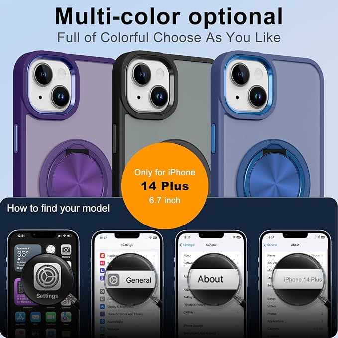 ZIYE Blue Case for iPhone 14 Plus Case with Stand [Compatible with MagSafe] Slim Heavy Duty Protection Military Grade Shockproof Magnetic Cover with 360 Rotatable Ring Kickstand for Women Men