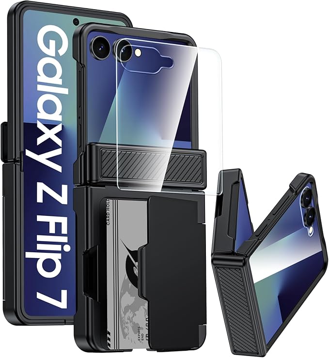 for Samsung Galaxy Z Flip 7 Case Wallet RFID Card Holder&Hinge Protection&HD Screen Protector, Full Body Shockproof Cover for Galaxy Z Flip 7(Black)
