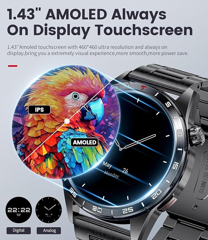Smart Watch for Men (3 Straps),Answer/Make Calls,1.43'' AMOLED,IP68 Waterproof,110+ Sports Modes Fitness Watch with Sleep Monitor/SpO2/Heart Rate/Pedometer Rugged Outdoor Smart Watch for Android/iOS