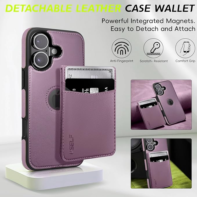 for iPhone 16 Leather Wallet Case, Compatible with Magsafe, 2 in 1 Detachable Magnetic Card Holder, RFID Blocking Kickstand Credit Slots Flip Case for Men Women, Purple