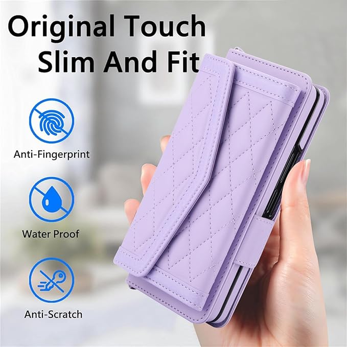 for Samsung Galaxy Z Fold 7 Wallet Case - Stitching Pattern RFID Blocking Card Holder, S Pen Slot Crossbody Strap, Full Body Protection Flip Cover for Women Purple