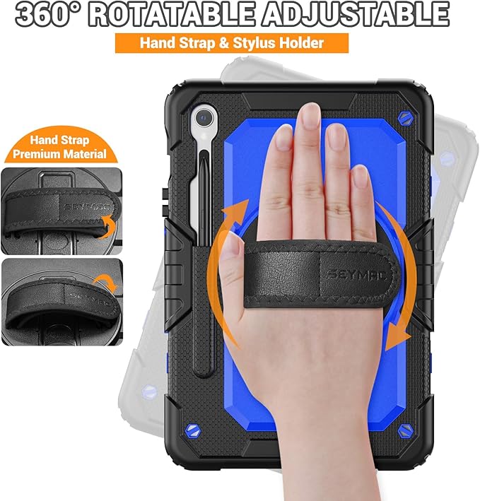 SEYMAC Case for Samsung Galaxy Tab S10 Lite/ S10 FE/ S9 FE/ S9 5G (10.9''/11''), Heavy Duty Shockproof Protective Case with Screen Protector, Rotating Stand, Hand Strap and Pen Holder, Blue