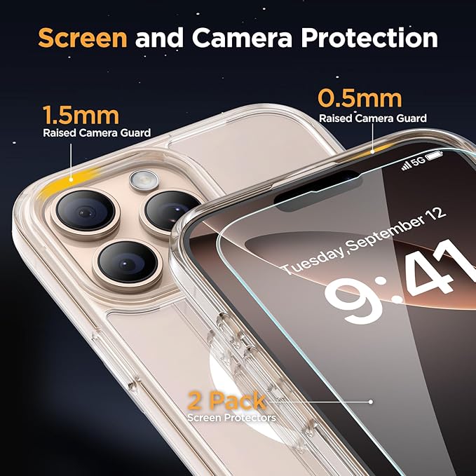 Miracase Magnetic Series for iPhone 16 Pro Max Case [Compatible with MagSafe] [with 2X Screen Protectors] Military-Grade Protection, Anti-Fingerprint, Slim Phone Case for 16 Pro Max 6.9 inch - Clear