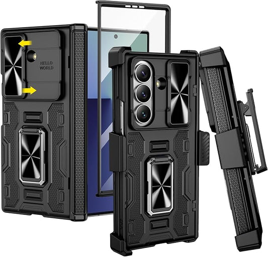 VEGO for Galaxy Z Fold 7 Case with Belt Clip Holster, 360°Ring Magnetic Kickstand & Camera Cover & Front Screen Protector & Hinge Protection Shockproof Armor Case for Samsung Z Fold 7 - Black