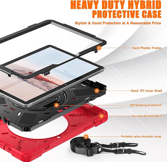 ZenRich Rugged Case for Surface Go 4 (2023)/Surface Go 3 (2021)/ Surface Go 2 (2020), Surface Go (2018) with Pen Holder Heavy Duty Shockproof Case with Stand Hand Strap and Shoulder Belt-Red