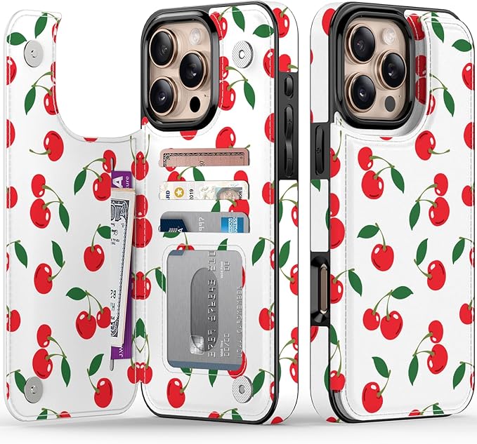 FUNMIKO for iPhone 16 Pro Max Wallet Case with Card Holder, RFID-Blocking, Military-Grade Protection & UV-Printed Artwork, Magnetic Closure with Leather Kickstand - Juicy Cherries