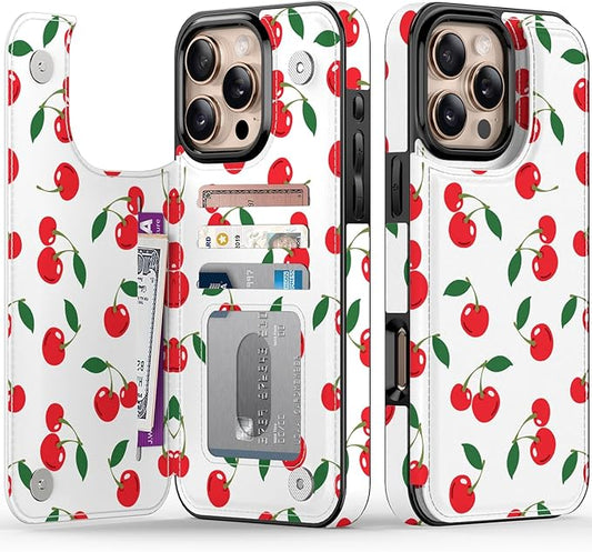FUNMIKO for iPhone 16 Pro Max Wallet Case with Card Holder, RFID-Blocking, Military-Grade Protection & UV-Printed Artwork, Magnetic Closure with Leather Kickstand - Juicy Cherries