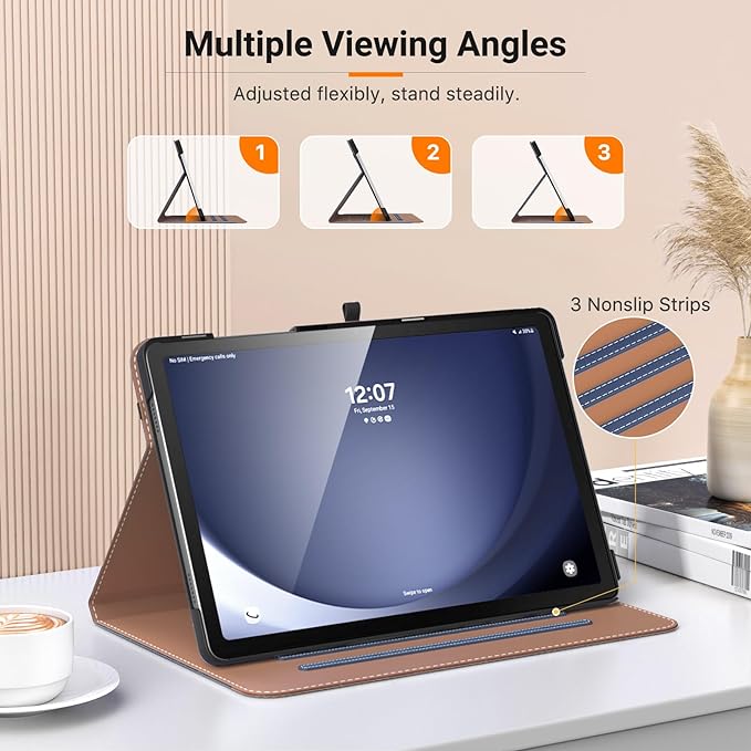 MoKo Case for Samsung Galaxy Tab A9 Plus 11" 2023 (SM-X210/SM-X216/SM-X218), PU Leather Multi-Angle Viewing Folding Stand Cover Case with Hand Strap, Front Pocket, Auto Wake/Sleep, Denim Blue & Brown