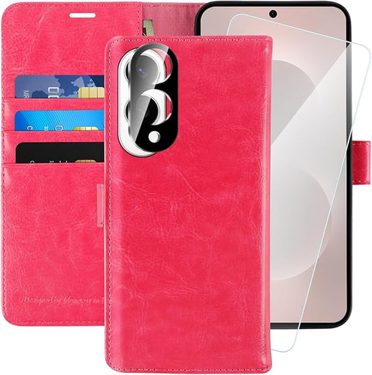 MONASAY Wallet Case Fit for Samsung Galaxy S25 Edge 5G，[Lens & Glass Screen Protector] [RFID Blocking] Flip Folio Leather Cell Phone Cover with Credit Card Holder, 6.7 inch, Hot-Pink