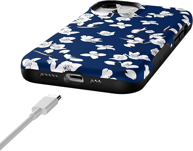 Casely iPhone 14 Case | Floral Forest | Navy Cherry Blossom Floral | Compatible with MagSafe | Bold Protective Design