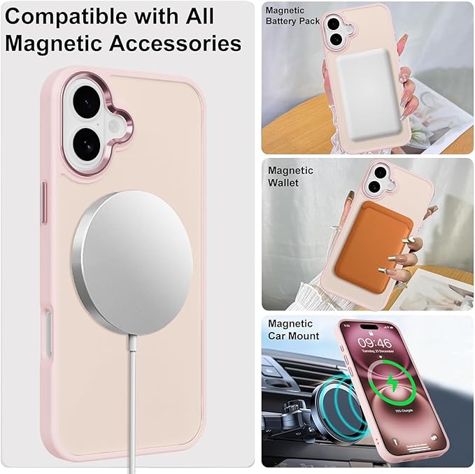 ZIYE Baby Pink Case for iPhone 16 Case with Stand [Compatible with MagSafe] Slim Heavy Duty Protection Military Grade Shockproof Magnetic Cover with 360 Rotatable Ring Kickstand for Women Men