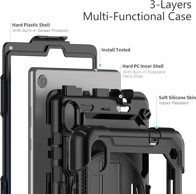 for Lenovo Tab M8 3rd 2022 / M8 (HD/FHD/Smart) 8.0'' (TB-8506FS /8506F TB-8505F / 8505X / 8505FS TB-8705F / 8705N) Case, with Screen Protector, Hand Strap, Shoulder Strap, Rotating Stand Black
