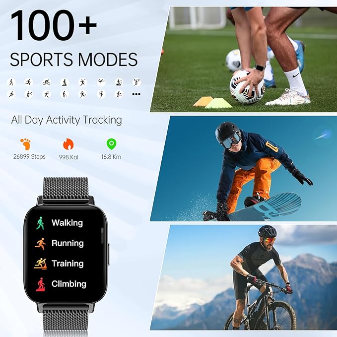 Smart Watch for Men Women (Answer/Make Calls) 1.85" HD Fitness Tracker Smartwatch Compatible Android iOS Phones with Step Counter/Heart Rate/Sleep,120+ Sports Modes IP68 Waterproof, Black 2 Bands