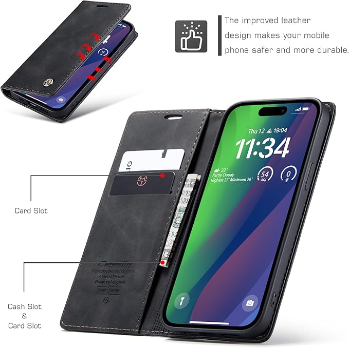 for iPhone 15 Case, Flip Wallet Leather Case with Card Holder Magnetic Closure Shockproof Kickstand Protective Phone Cases Cover for iPhone 15, Black