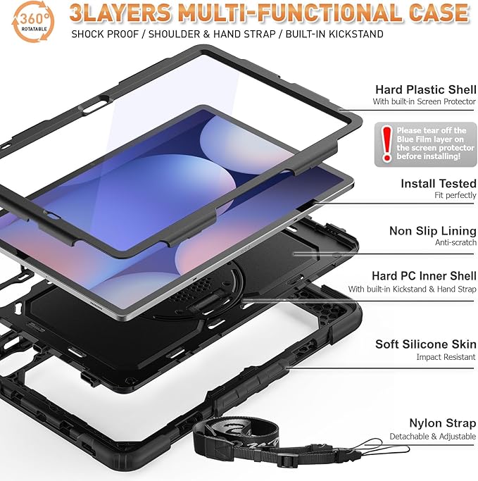 Timecity Case for Samsung Galaxy Tab S10 Plus/ S9 FE Plus/ S9 Plus 5G Tablet 12.4'' Case - Heavy Duty Protective Cover with Screen Protector, Stand, Shoulder Strap & S Pen Holder, Kids-Friendly, Black