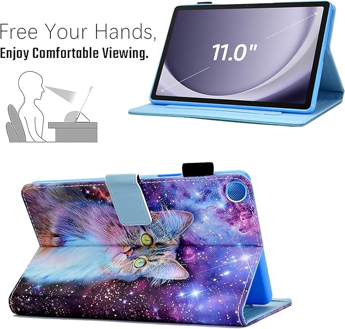 KEROM Case for Samsung Galaxy Tab A9+ Plus 11 Inch 2024 2023 (SM-X210/X216/X218), Slim PU Leather Stand Case Protective Cover for Galaxy Tab A9+/A9 Plus Tablet, Auto Wake/Sleep - Space Cat