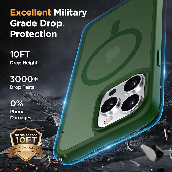 Miracase Magnetic for iPhone 15 Pro Case 6.1 inch (Compatible with MagSafe)（with 2X Screen Protectors）Military-Grade Protection, Anti-Fingerprint Translucent Matte Phone Cover, Dark Green