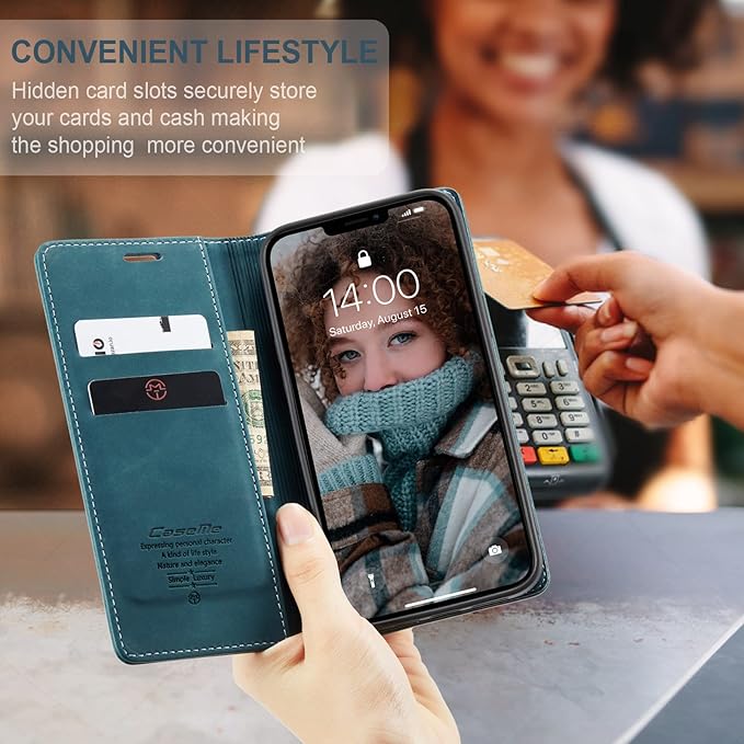 for iPhone 13 Case, Flip Wallet Leather Case with Card Holder Magnetic Closure Shockproof Kickstand Protective Phone Cases Cover for iPhone 13, Blue-Green