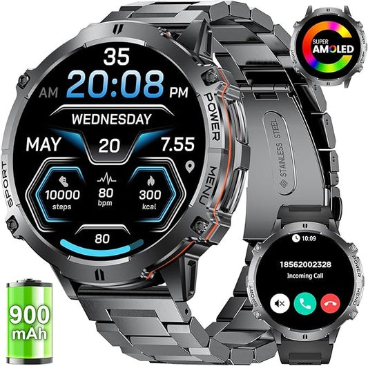 LIGE Smart Watches for Men with 900mAh Battery(60+Standby),1.73" AMOLED with Bluetooth Call,110+ Sports Mode Tactical Fitness Tracker/Heart Rate Sleep Health Monitor/Android iOS Military Smart Watch
