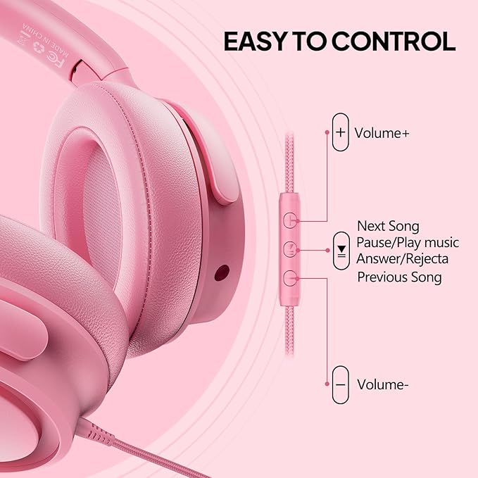 Wired Over-Ear Headphones with USB C Connector, Hi-Fi Stereo Sound, Noise-Isolating Ear Cups, Comfortable Fit for USB C Devices (No Bag, Pink)
