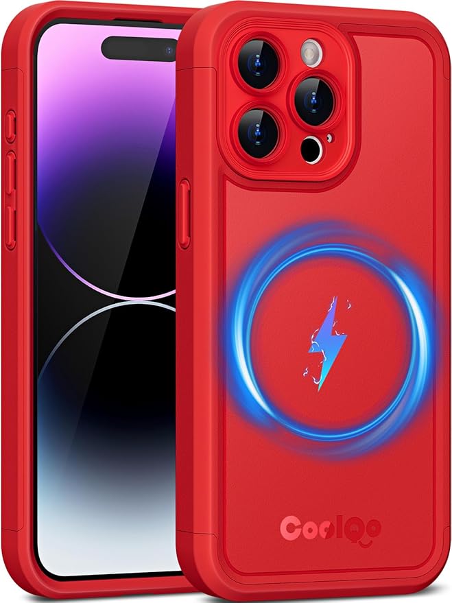 COOLQO Magnetic for iPhone 14 Pro Case, Compatible with MagSafe, Full Camera Protection, Dual Layer Design Military Grade Drop Protection, Matte Scratch-Resistant Heavy Duty Phone Cover, Red