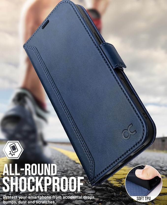 OCASE Compatible with iPhone 16 Wallet Case, PU Leather Flip Folio Case with Card Holders RFID Blocking Kickstand [Shockproof TPU Inner Shell] Phone Cover 6.1 Inch 2024, Retro Blue