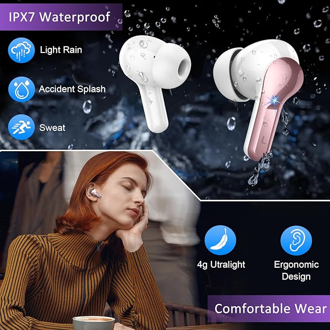 Wireless Earbuds Bluetooth Headphones, 2025 Hi-Fi Stereo Deep Bass Ear Buds, 4 ENC Noise Cancelling Mic, USB Fast Charging in-Ear Earphones, IP7 Waterproof Workout Sport for Laptop Pad Android iOS