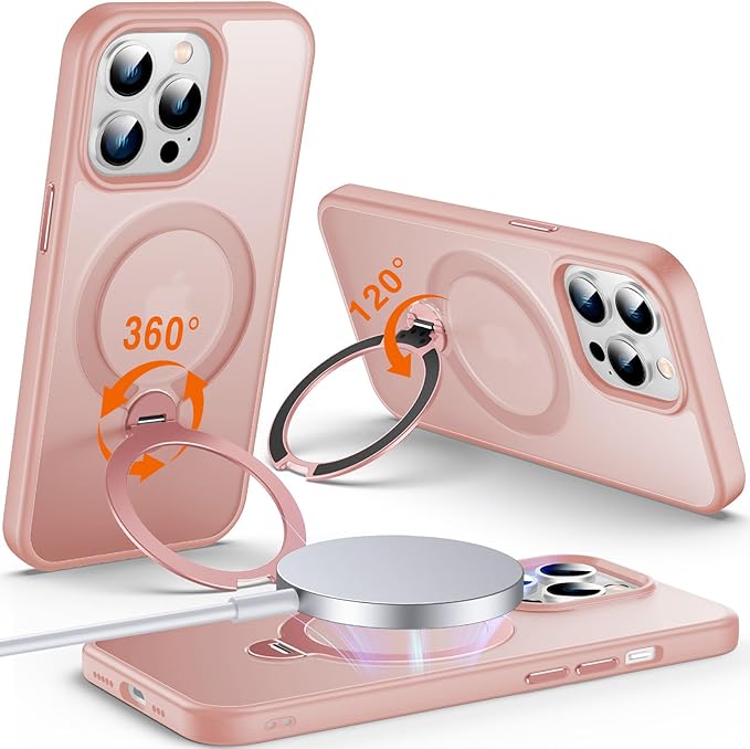 360° O-Ring MagStander for iPhone 14 Pro Case with Magnetic Kickstand Ring Holder [Compatible with MagSafe][360°Rotate Stand Ring][Military Shockproof] iPhone 14 Pro Phone Cover Matte Pink