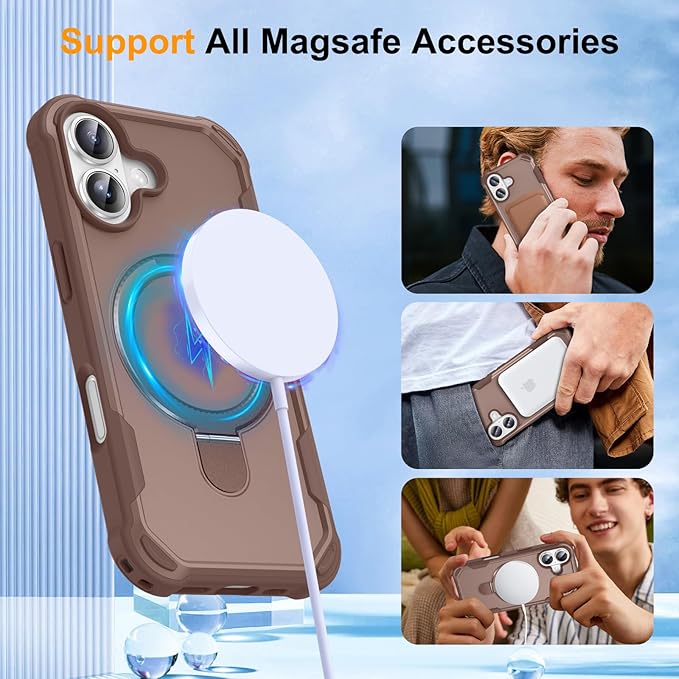 Compatible with iPhone 17 Case with Invisible Magnetic Ring Stand [Compatible with Magnetic] [Military Drop Protection] Shockproof Slim Hard Back Soft Edge Case 6.3 Inch, Khaki