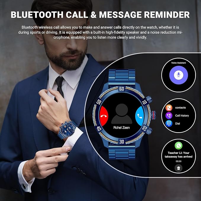 Smart Watch for Men Bluetooth Answer/Make Call, 1.43" AMOLED Display Luxury Smartwatch, Fitness Tracker with 100+ Sport Modes, Heart Rate/Sleep Monitor for iOS Android, 2 Watch Bands (Blue)