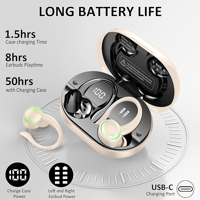 Wireless Earbuds, Bluetooth 5.4 Headphones Sports, 50H Playback Over-Ear Buds with 4 ENC Noise Cancelling Mic, HiFi Stereo Fitness Earphones Earhooks, IP7 Waterproof Headset for Runing