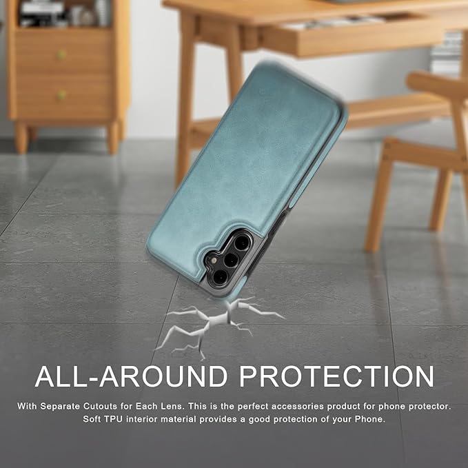 DJDUCK Designed for Samsung Galaxy S25 Case Wallet with Card Holder, [Magnetic Clasp Cover] [RFID Blocking Leather Protection] Shockproof Women Men Cases for Samsung S25 Sky Blue