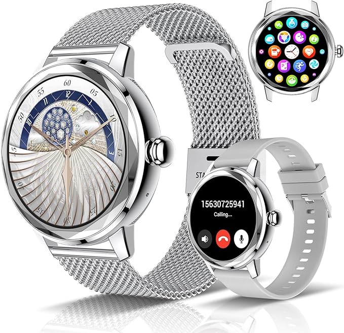 1.57'' Smart Watch for Women with Heart Rate/SpO2/Female Cycle Tracker, Silver Smartwatch Answer/Make Calls, IP67 Fitness Tracker with 123 Sports Modes, 2 Bands, iOS Android Compatible