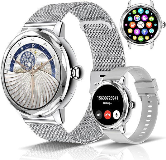 1.57'' Smart Watch for Women with Heart Rate/SpO2/Female Cycle Tracker, Silver Smartwatch Answer/Make Calls, IP67 Fitness Tracker with 123 Sports Modes, 2 Bands, iOS Android Compatible