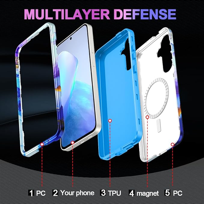 Casetego for Galaxy S24 FE Case,Compatible with MagSafe,[Military Grade Drop Test] Full Body Protection Slim Shockproof Rugged Marble Women Case for Samsung Galaxy S24 FE 6.7 inch,Azure Blue