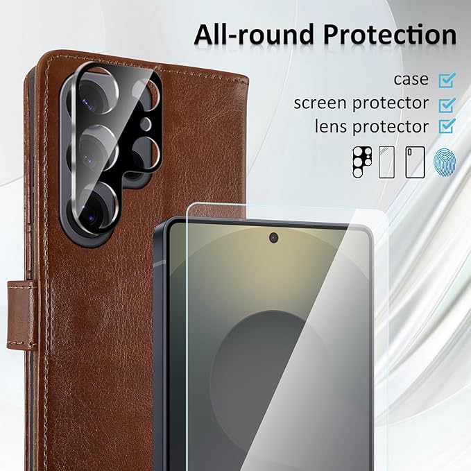 MONASAY Wallet Case Fit for Samsung Galaxy S25 Ultra 6.9 inch, [Lens & Glass Screen Protector Included] [RFID Blocking] Flip Folio Leather Cell Phone Cover with Credit Card Holder, Brown