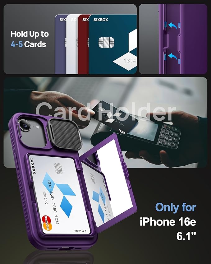 for iPhone 16e Case, Built-in Credit Card Holder & Stand & Lens Cover, Military Grade Drop Tested Soft Silicone Edge Rugged Protective Wallet Phone Case for iPhone 16e 6.1" 2025, Purple