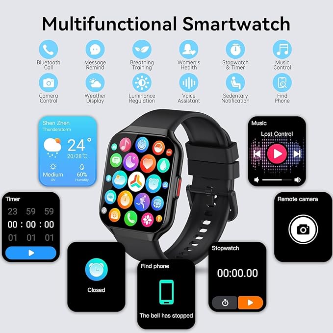 Smart Watch, 1.96" HD Smartwatches for Men Women, (Answer/Make Calls), IP68 Waterproof Fitness Watch, Heart Rate/Sleep, Fitness Tracker with 113+ Sport Modes, for iOS/Android,2025 Black