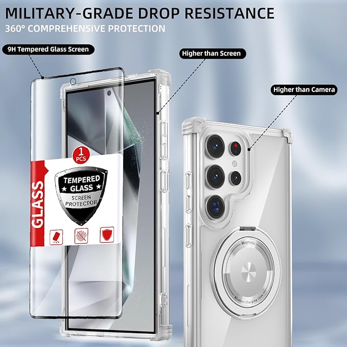 for Samsung Galaxy S24 Ultra Case Compatible with Magnetic Wireless Charging with Screen Protectors, S24 Ultra Case Built-in Kickstand Ring Military Grade Drop Protection Shockproof Clear