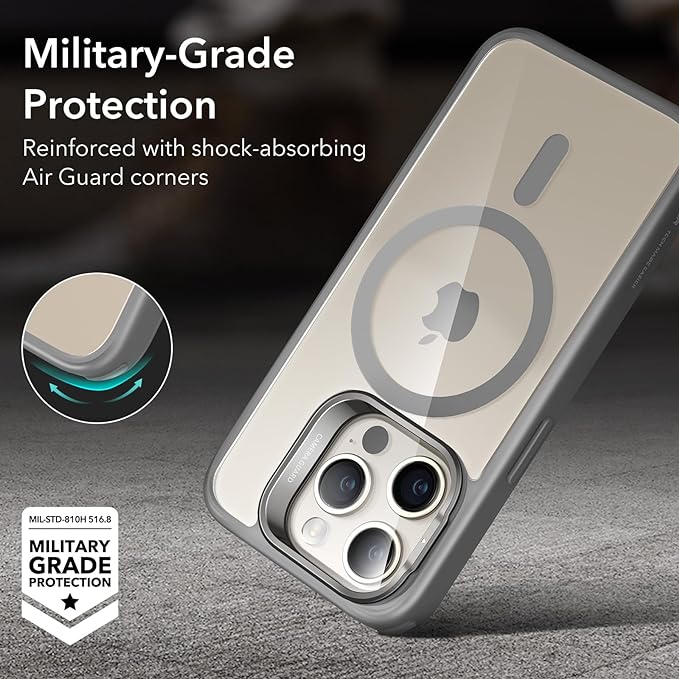 ESR for iPhone 15 Pro Max Case, Compatible with MagSafe, Military-Grade Protective Case, Built-in Stash Stand Phone Case, Scratch-Resistant Back Cover, Classic Series,Clear Grey