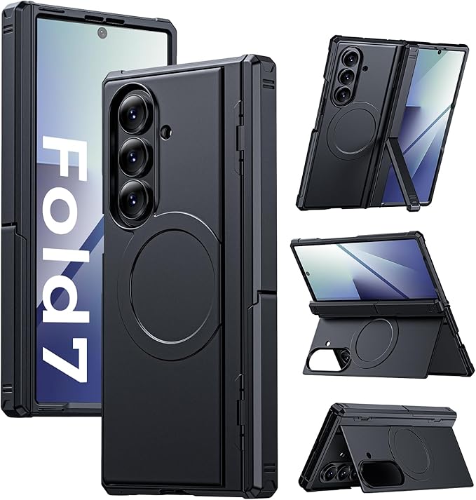 for Samsung Galaxy Z-Fold-7 Case: Magnetic Shockproof Rugged [Dual-Stand] [Hinge Protection] [Fit for Magsafe] Durable Silicone Matte Armor Protective Cover for ZFold 7 5G 2025 (Black)