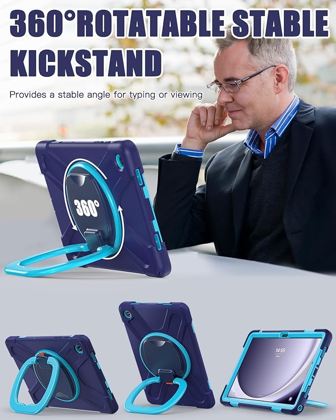 BRAECN Case for Samsung Galaxy Tab A9+ Plus Case 11 Inch 2023 SM-X210/X216/X218, Heavy Duty Silicone Cover with 360 Degree Rotating Stand, Screen Protector, Shoulder Strap, Stable Kickstand, Navy Blue