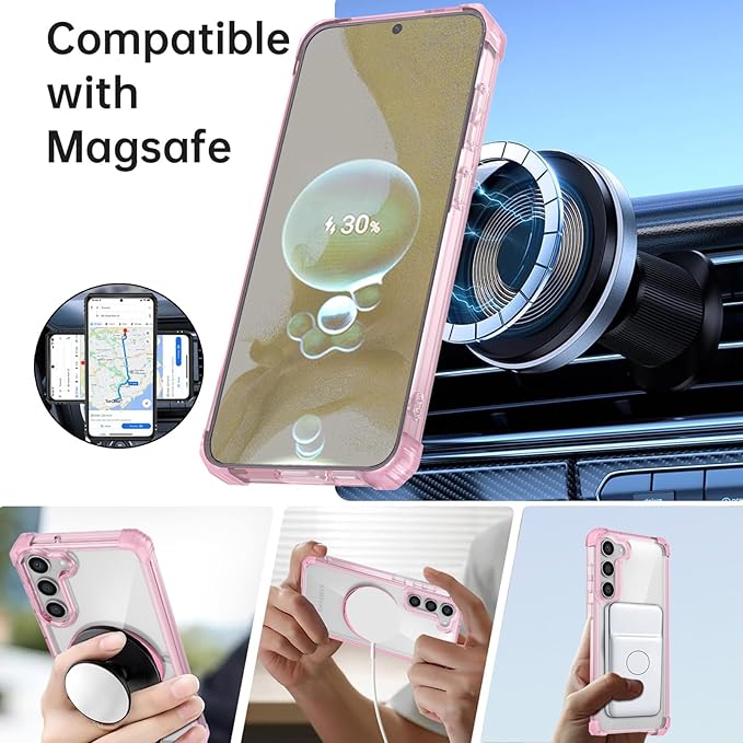 for Samsung Galaxy S22 Case Magnetic Compatible with MagSafe Wireless Charging,with 360°Kickstand Ring,for S22 Phone Case with Screen Protector, Military Grade Drop Protection Shockproof Pink