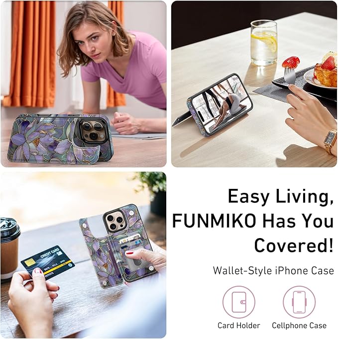 FUNMIKO for iPhone 16 Pro Max Wallet Case with Card Holder, RFID-Blocking, Military-Grade Protection & UV-Printed Artwork, Magnetic Closure with Leather Kickstand - Dreamy Lotus