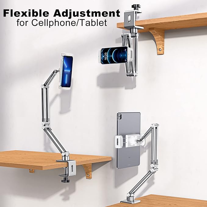 OATSBASF Phone and Tablet Holder Bed Gooseneck Mount, Aluminum Long Arm Foldable Lazy Stand, Universal 360 Degree Rotatable for iPhone, iPad, Tablet-Silver