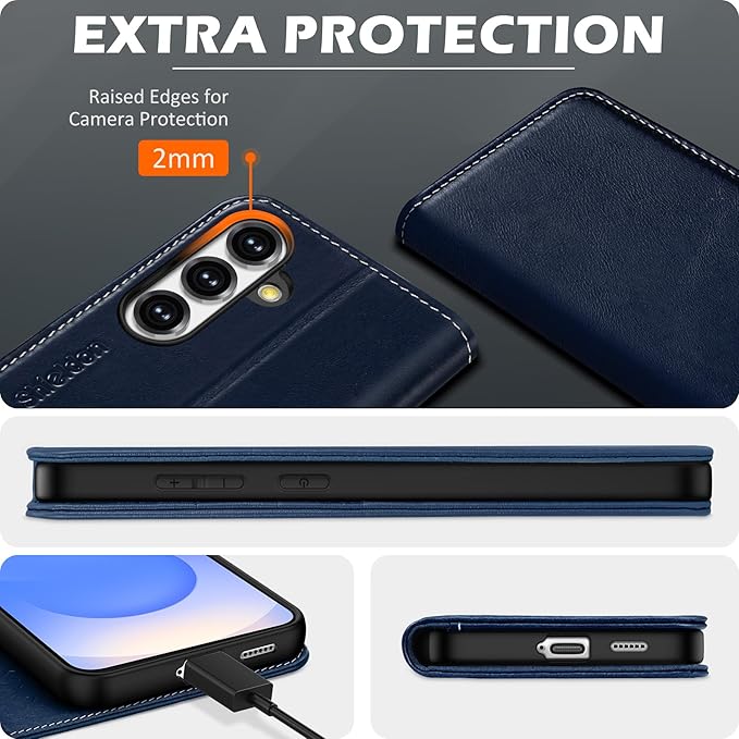 SHIELDON Case for Galaxy S25 FE 6.7", Genuine Leather Wallet Flip Book Case RFID Blocking Card Holder Kickstand Shock Absorbing Protective Case Compatible with Galaxy S25 FE 2025 5G - Retro Dark Blue